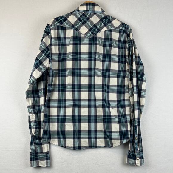 Hollister Western Shirt‎ Mens Medium Blue White Plaid Pearl Snap Cowboy Rodeo M - Picture 3 of 7